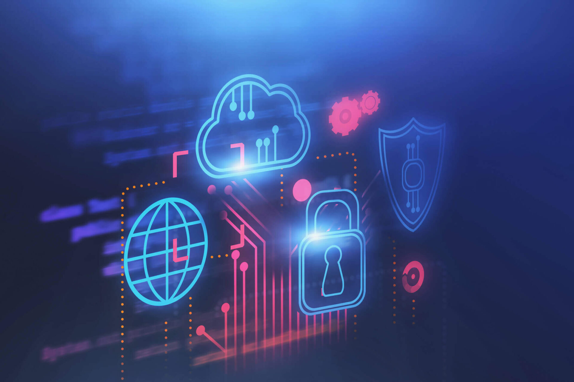  An illustration of cybersecurity trends and best practices with a padlock, globe, cloud, shield, and circuit board.